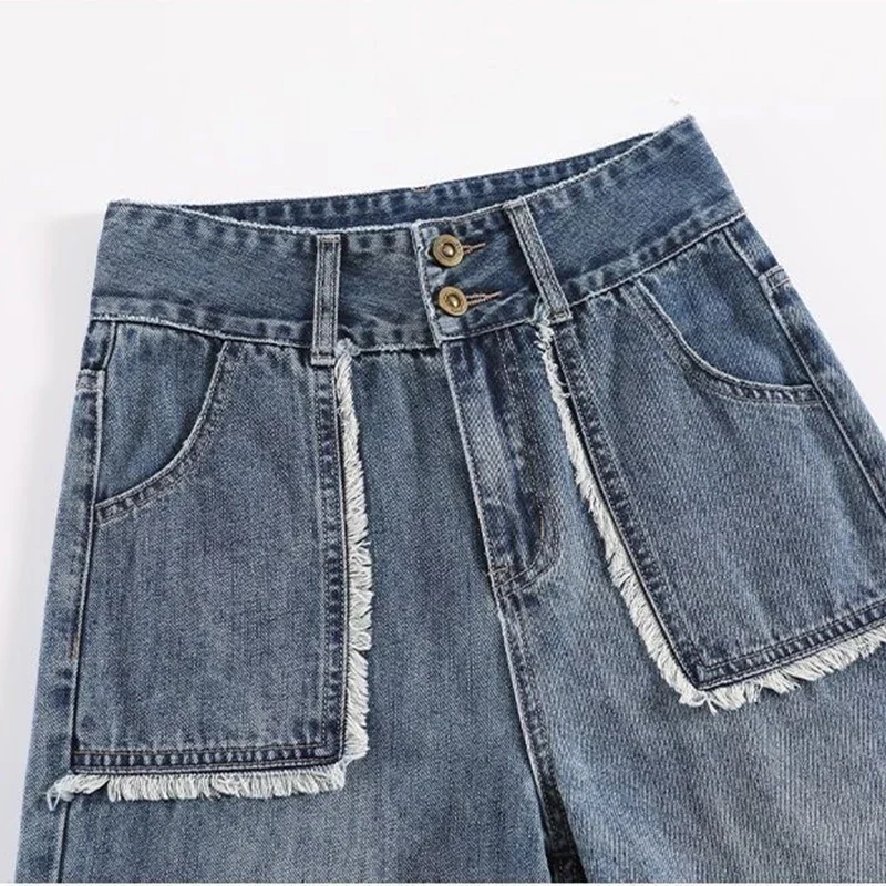 

Tassel Big Size 28-35 Straight Vaqueros Women New Streetwear Baggy Denim Pants Korea High Elastic Waist Casual Wide Leg Jeans