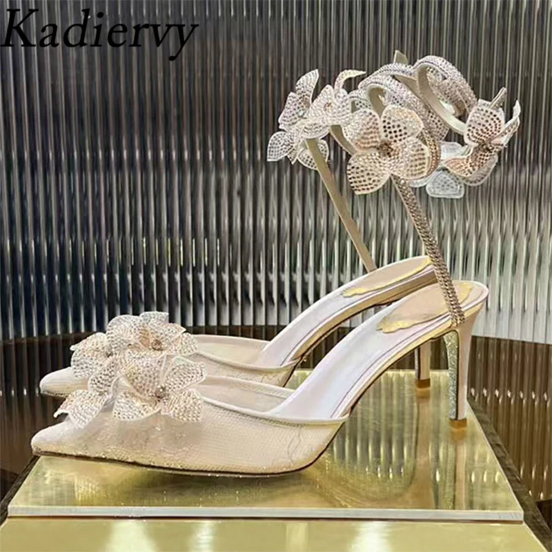 Summer High Heels Women Pupms Crystal Flower Snake Twine Around Ankle Strap Wedding Shoes Pointed Toe Stiletto Sandals Woman