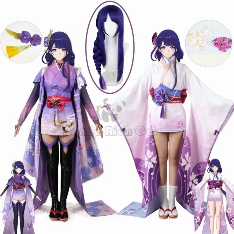 Game Genshin Impact Beelzebul Cosplay Costume Raiden Shogun Kimono Outfits Raiden Ei Makoto Beelzebul Wig Halloween Costume