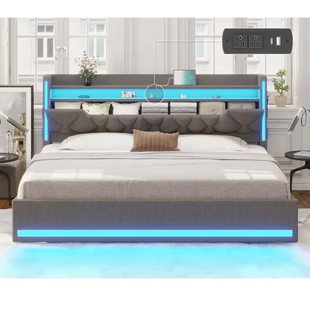 King Size Bed Frame with Marshmallow Headboard and Storage, Gray | King Bed Frame with LED Lights & Charging, Customized