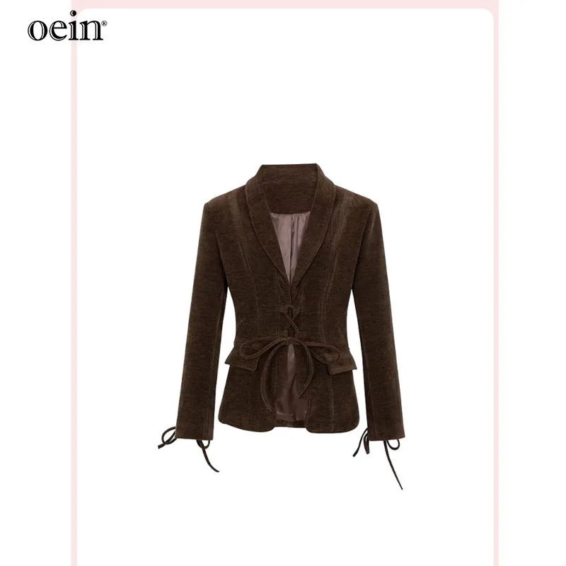 [oein] Chaqueta de traje de cintura marrón de terciopelo de moda francesa para mujer en otoño de 2024, Top elegante y adelgazante