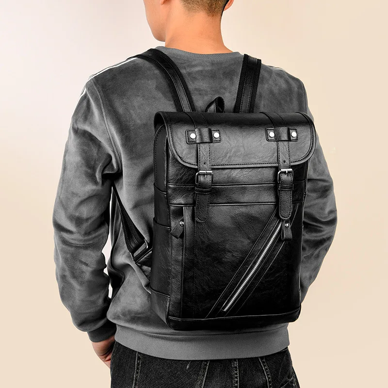 Men's Vintage PU Leather Backpack - Large-Capacity Travel Bag with Adjustable Straps & Retro Zipper, Casual Laptop Daypack