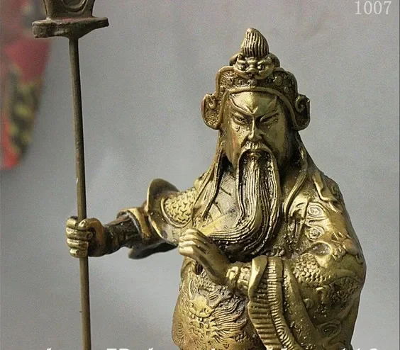 Chinese Brass Stepped On Stone Warrior God Guan Gong Yu Dragon Sword Statue