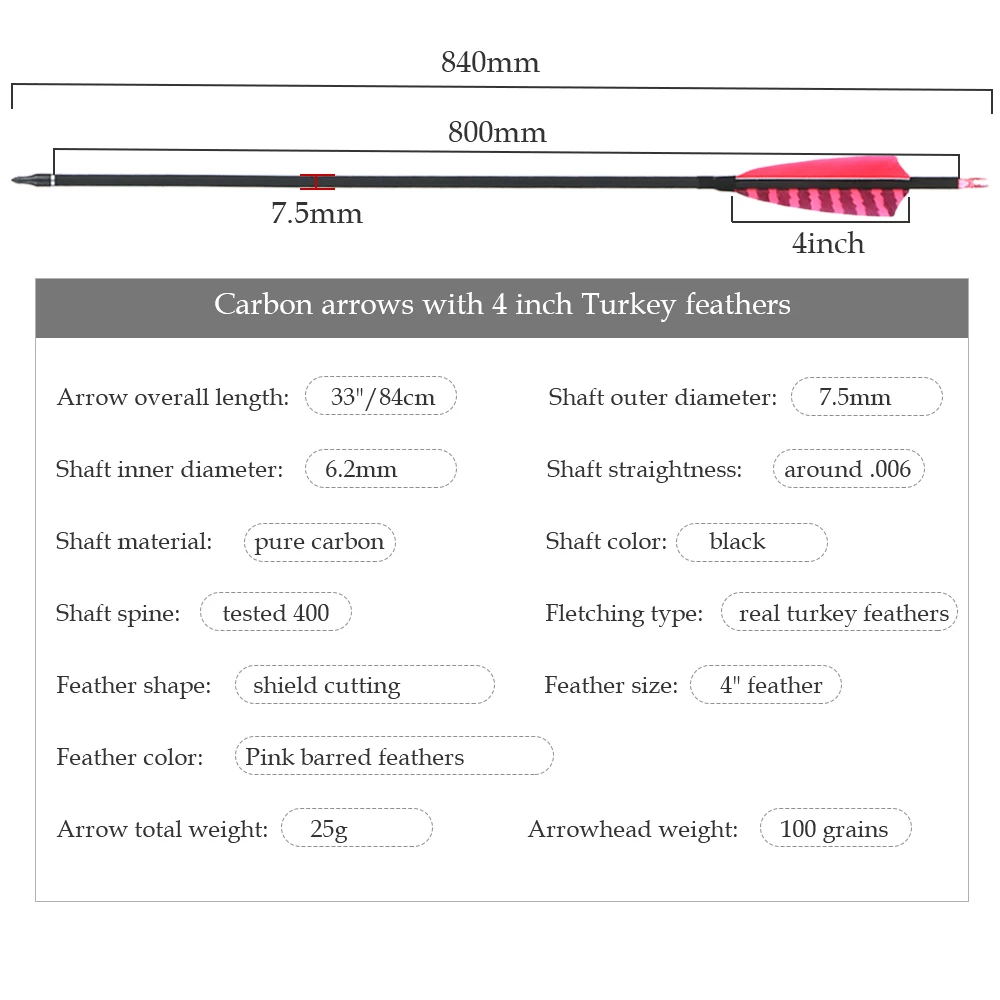 6/12 pcs Pure Carbon Arrows Natural Turkey Feather Spine 400 ID 6.2mm Adjustable Nock for Outdoor Shooting Hunting Archey Bow