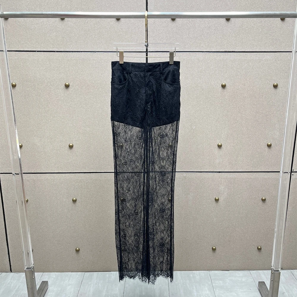 

Women's 100% Cotton Sheer Lace Pants High Waist Straight Leg See Through Floral Lace Trousers Summer Beach Party Clubwear