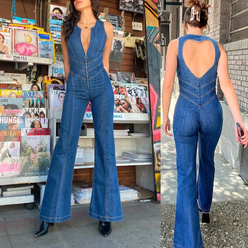 Sexy Backless Heart Cutout Corset Denim Jumpsuit 2025 Women Retro Denim Bodysuit Casual Sleeveless Slim One-Piece Outfits