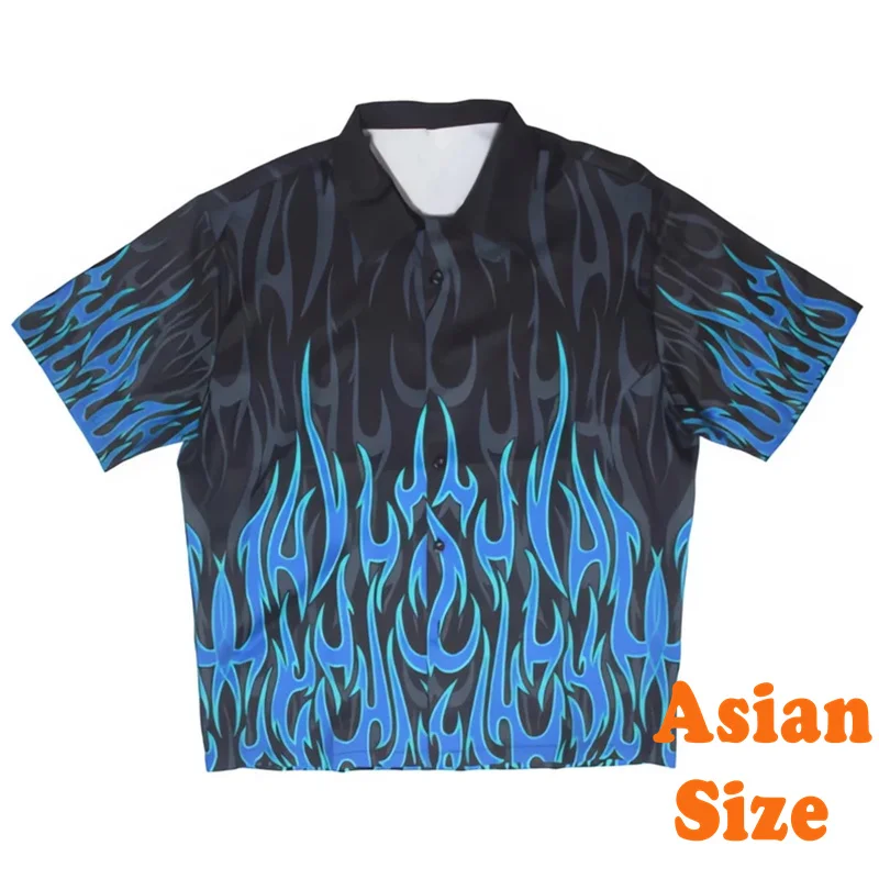 Novel Flame 3D Print Hawaii Shirts Men Harajuku Street Short Sleeve Lapel Shirts Hip Hop Cool Summer Carnival Fashion Tee Top
