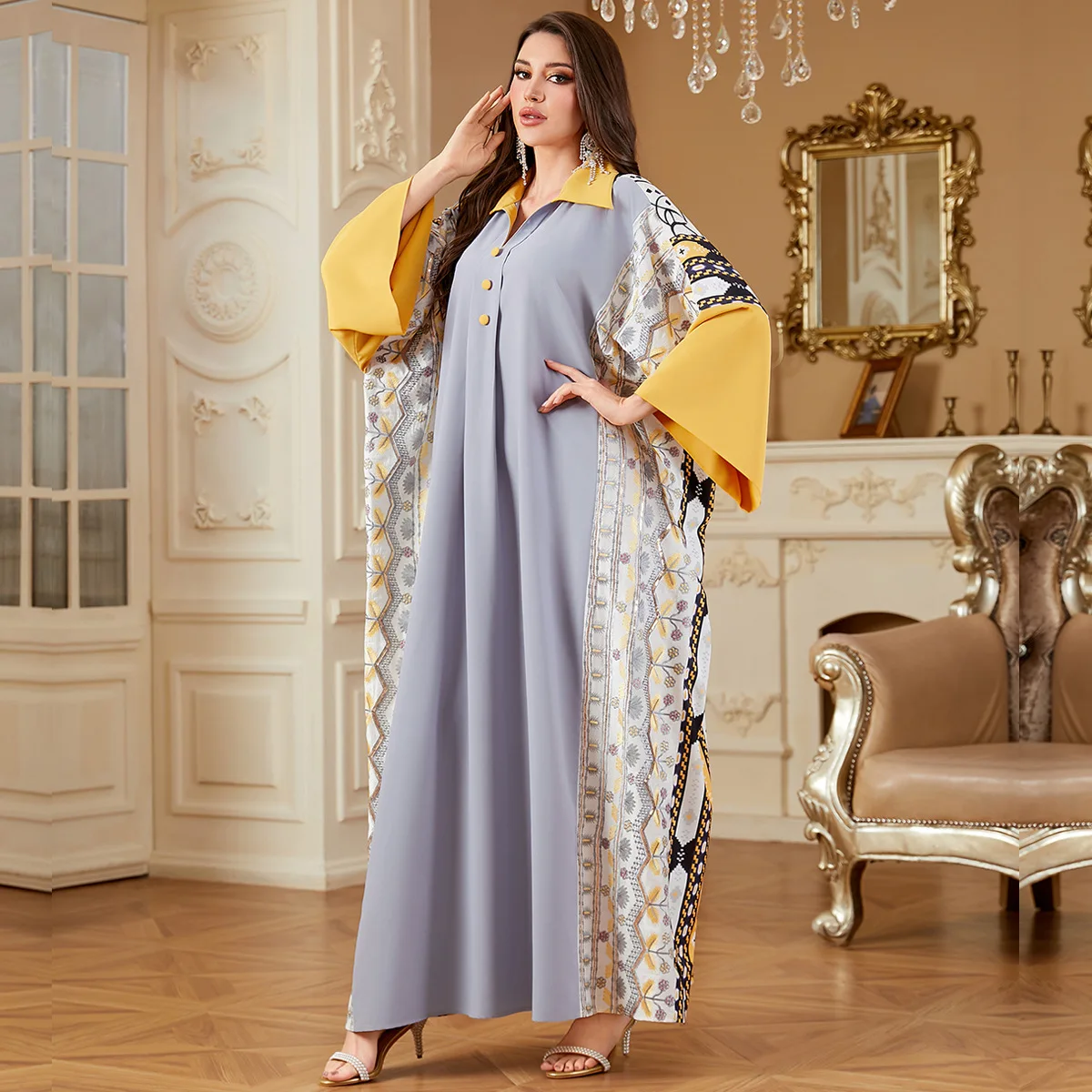 

Muslim 2025 Middle East New Fashion Women's Elegant Casual Trendy Loose Long Sleeve Embroideried Turn-down Collar Dresses Female