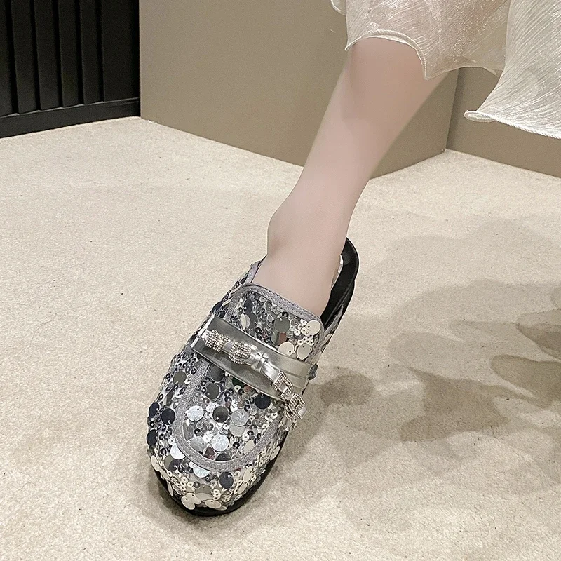 Baotou women's slippers 2024 Spring And Summer New Sequin Rhinestone Thick Sole Fashion Hundred Match Mueller Shoes Lazy Shoes