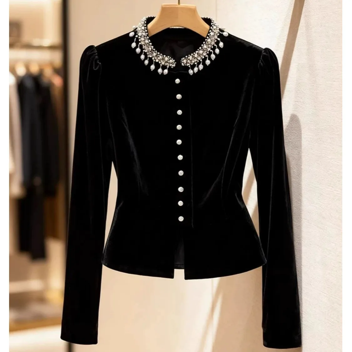  Velvet Bubble Sleeve Shirt Women's Fashion Design Heavy Beading round Neck Slim Fit Top Casual Style Standard Edition