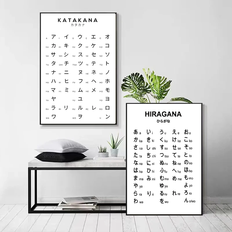 Hiragana and Katakana Chart Art Print Black White Japanese Alphabet Poster Japan Wall Pictures Canvas Painting Home Decor