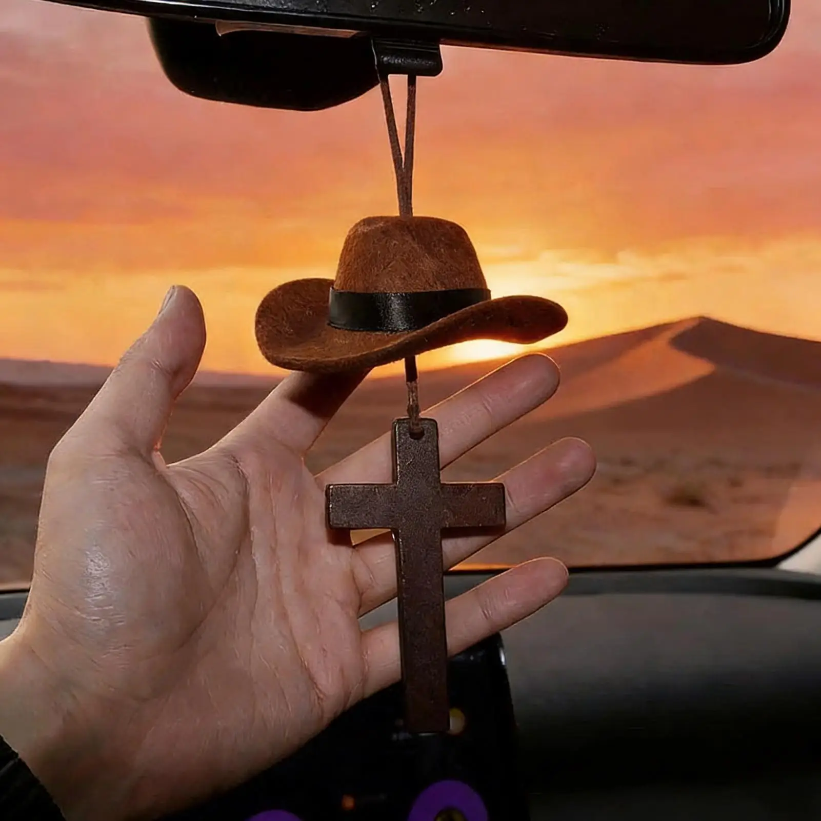 car charm cowboy hat hangings with cross Car Rearview Mirror Cross Charm Pendant Fashionable Car Interior Decoration