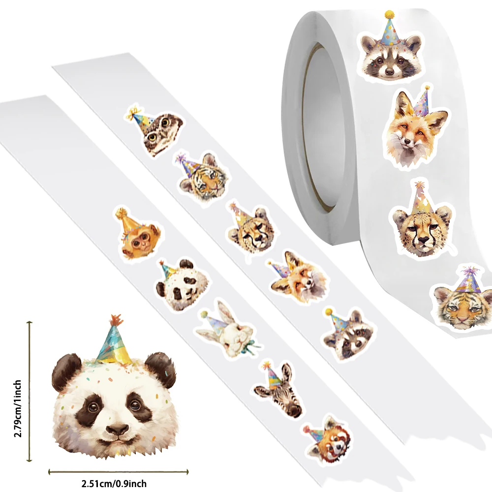 500Pcs/roll Cartoon Cute Birthday Hat Animal Sealing Sticker DIY PVC Laptop Decals Decoration Stiker Reward Gift Toys