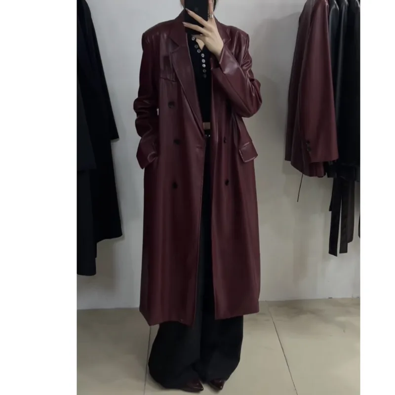 [EWQ] Korean Fashion Long Sleeve Double Breasted PU Leather Windbreaker Temperament Women Winter Trench Coat 2024 New 16O2006