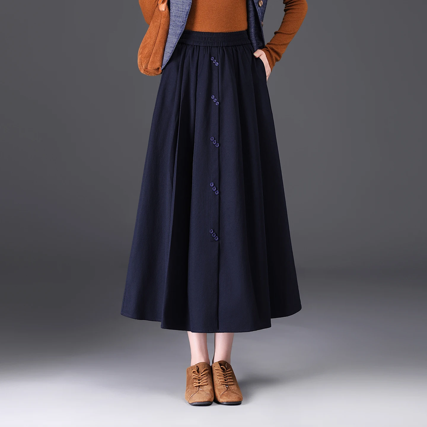 

Свободная повседневная синяя макси-юбка, женская длинная юбка трапециевидной формы с высокой талией, осенняя новинка, полиэфирное волокно, эластичная талия