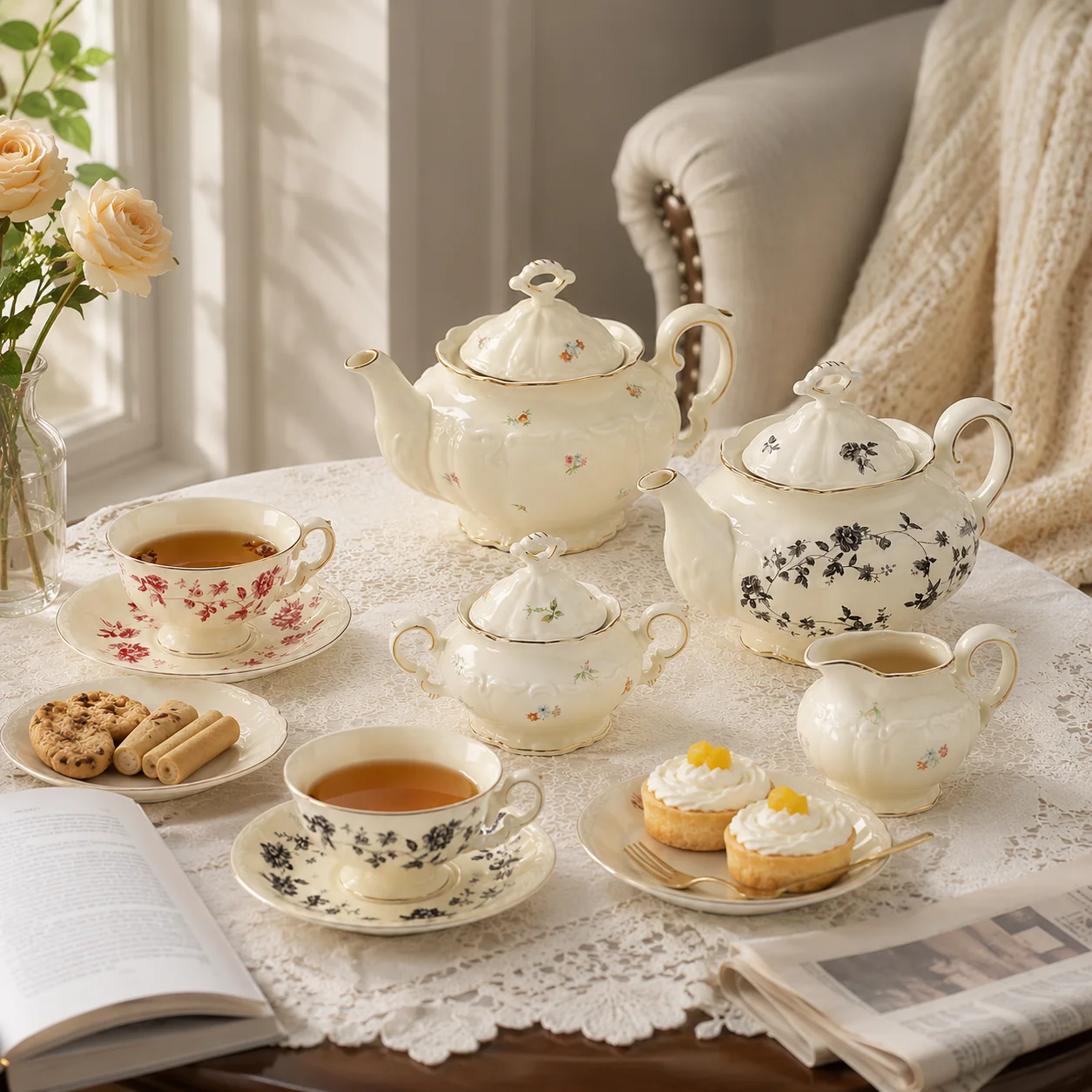 5Pcs/2Pcs/1Pc Vintage Floral Ceramic Tea Set, Gold-Painted Off-White Porcelain Teapot, Tea Cups and Saucers, Sugar Bowl, European-Style Afternoon Tea Party Tableware, Home Decoration Gift