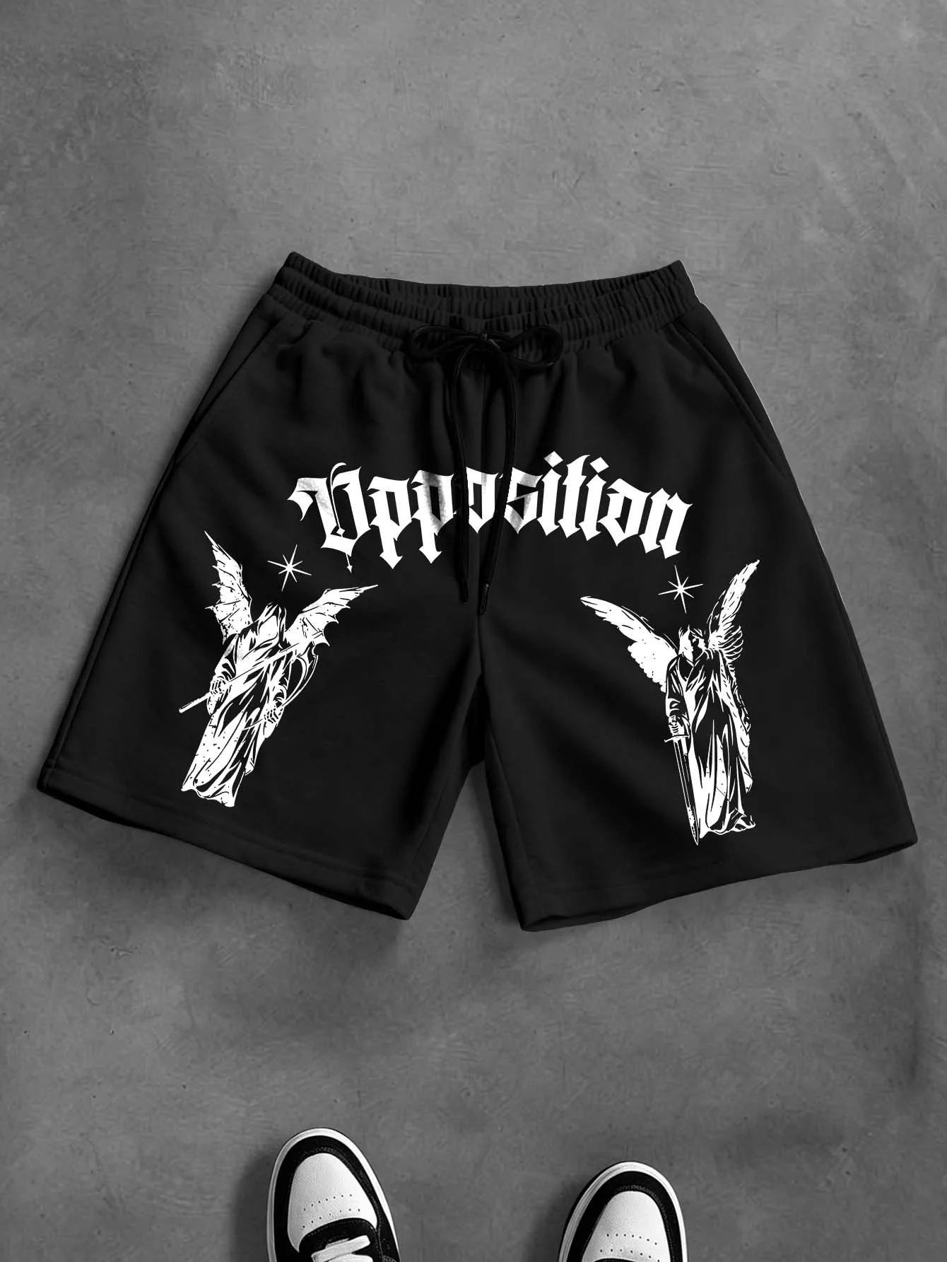 Men's And Women's Fitness Casual Shorts Dual Angel Gothic Letter Print Loose Elastic Waist Streetwear Sweat Shorts S‑2XL