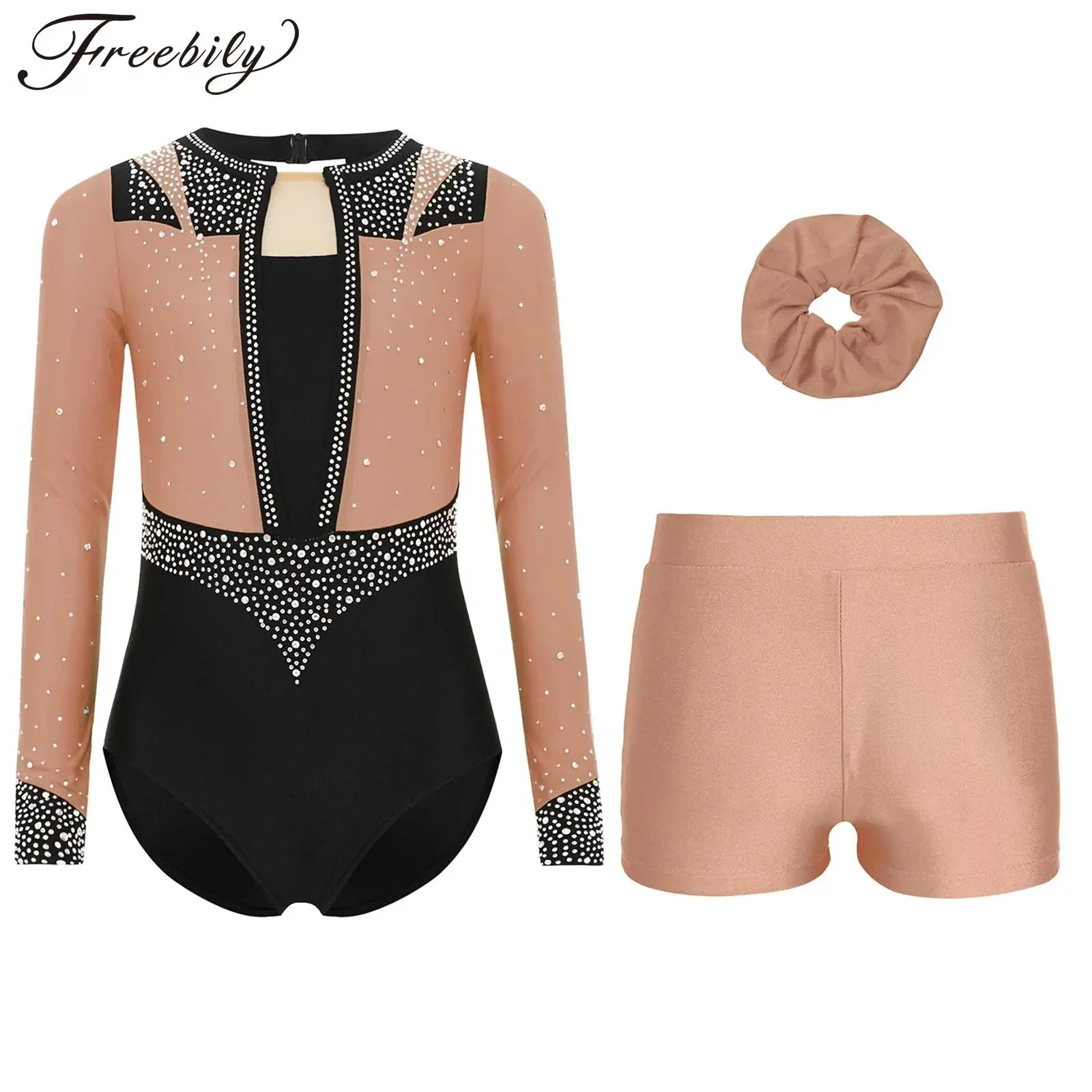 Girls Acrobatic Gymnastics Leotard Ballet Dance Figure Skating Training Performance Costume Rhinestones Jumpsuit with Shorts