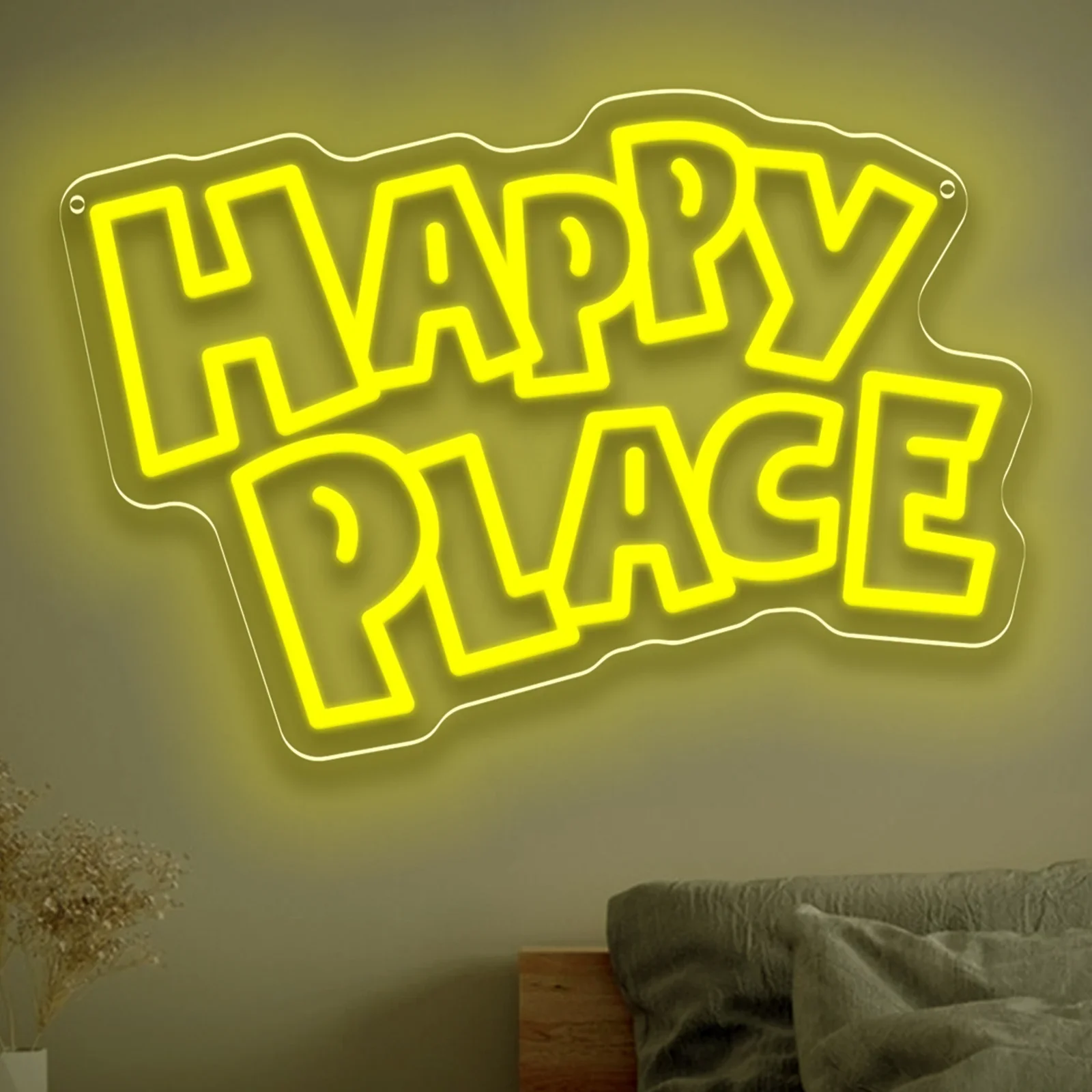 HAPPY PLACE Insegna al neon USB dimmerabile LED Insegna al neon per camera da letto Soggiorno Club Bar Man Cave Regali per feste Decorazione da parete
