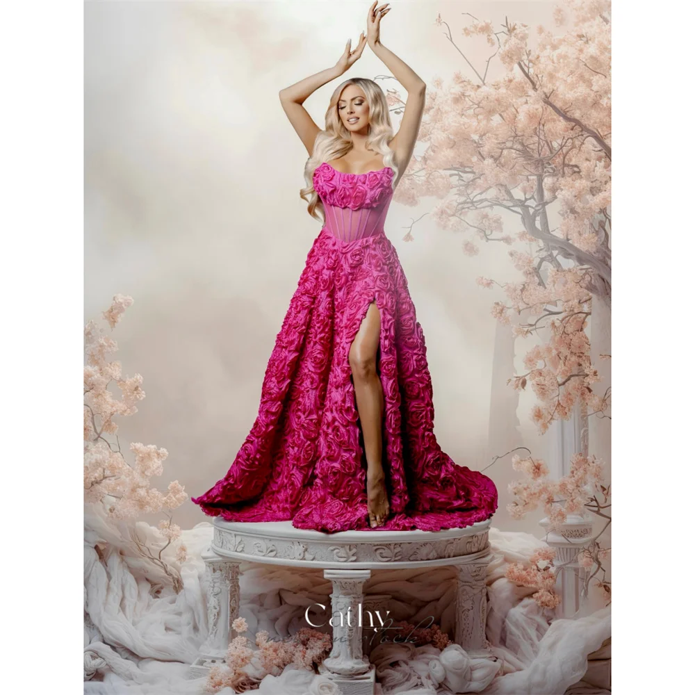 

Cathy Customized Fuchsia 3D Rose Strapless Prom Dress A-line High Side Split vestidos de noiva Sweep Train Evening Dresses 2025
