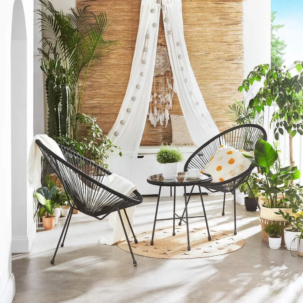 3-Piece Outdoor Seating Set, Modern Patio Furniture with Glass Top Table and Chairs, Conversation Bistro Set, Black