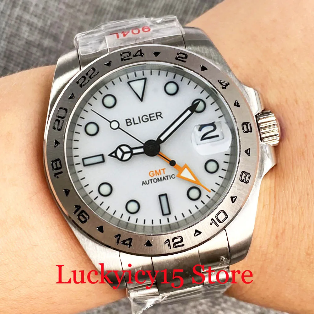 

BLIGER 39MM GMT MINGZHU 3804 Automatic Men Watch White Dial Date Display Luminous Brushed Steel Strap Screwdown Crown