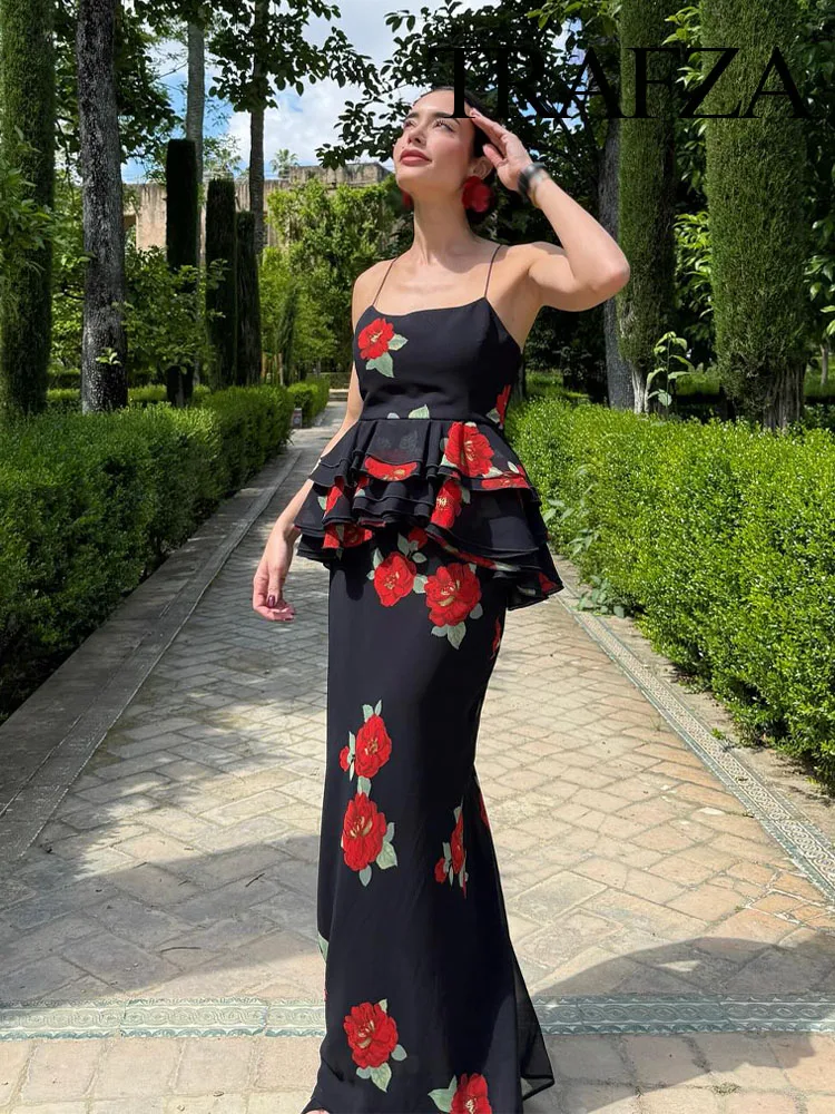 

TRAFZA Summer Fashion Women Suit Black Print Sleeveless Backless Short Tops+High Waist Long Skirts Female Elegant Skirt Sets