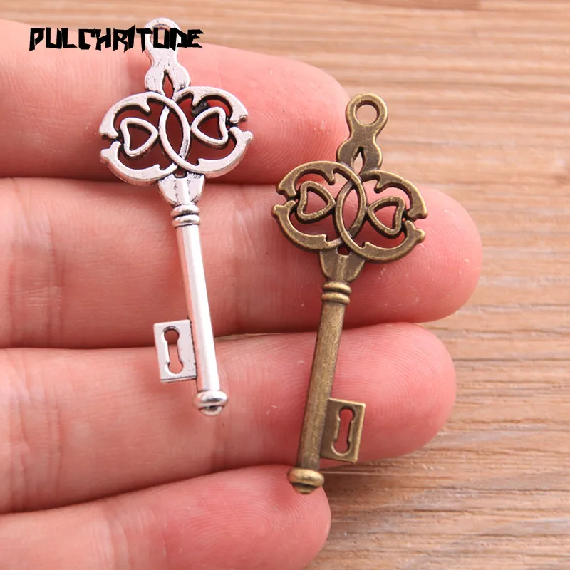 10pcs 17*44mm Two Color Flower Key Charms Double-sided Pendants Handmade Decoration Vintage For DIY Jewelry Making