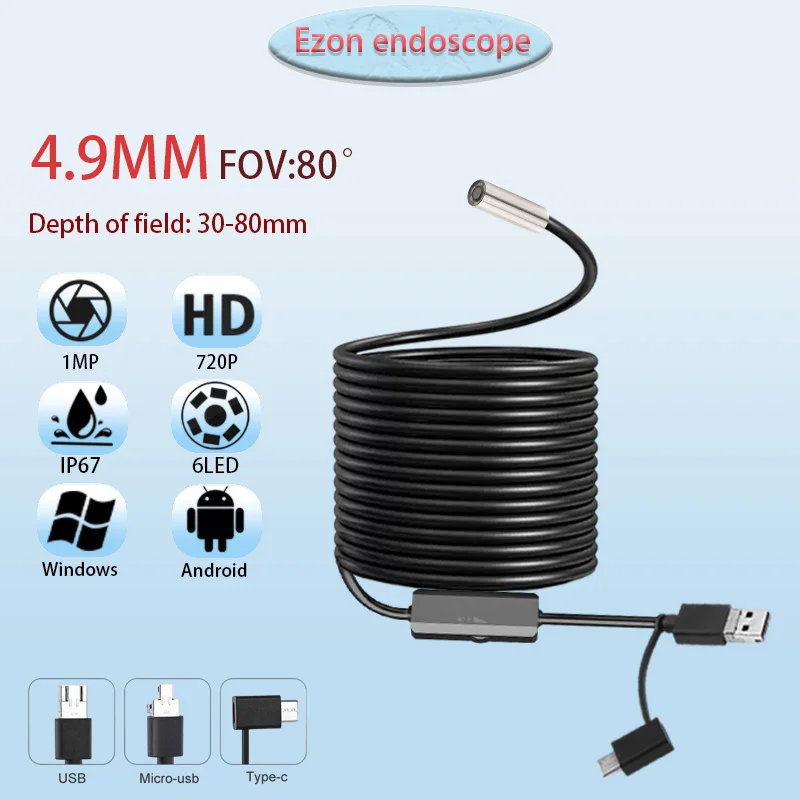

1MP 4,9 мм FOV80 ° Промышленная эндоскопическая камера HD для проверки трубопровода 1,5 м USB Type-C Android Эндоскопическая камера 3-в-1