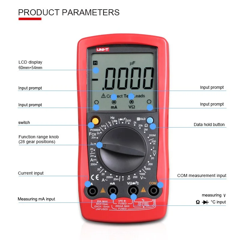 

UNI-T UT58D 2000 Count General Digital Multimeter DC AC 1000V DC 20A Resistance Capacitance Inductance