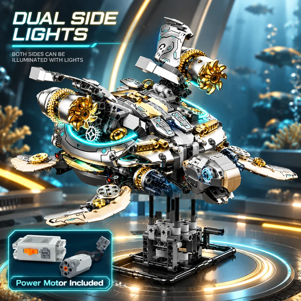 NEW Creative Mechanical Sea Turtle Building Blocks Motor Power Ocean Animal MOC Assembly Model Set Birthday Gifts Kids 1277pcs