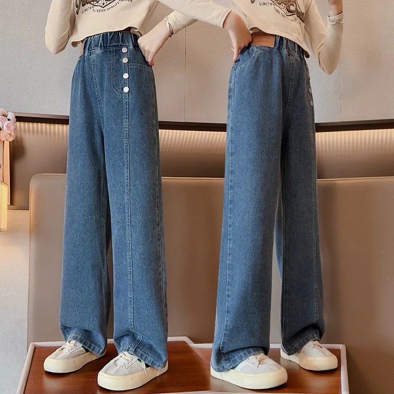 

Kids Children High Street Irregular Pattern Straight Leg Jeans with Buttons for Teenager Girls Stylish Fashion Denim Pants 4-14Y