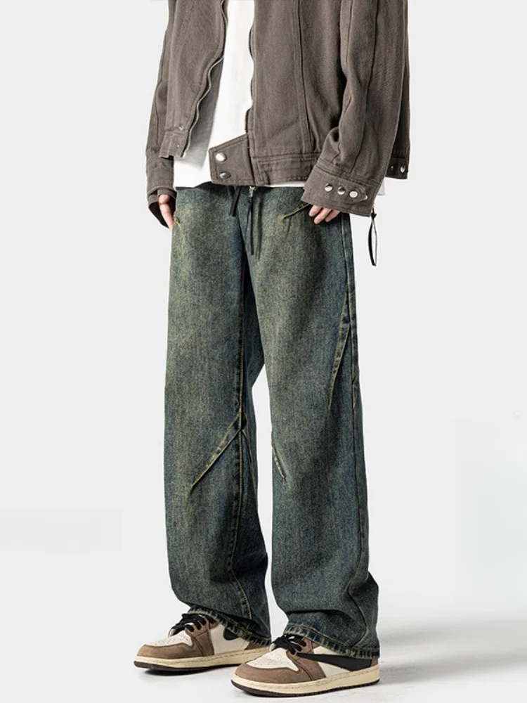 

American High Street Men's Winter Faion Loose Jeans Fce Lined Bootcut Long Trousers Straight Leg Jeans Casual Jeans