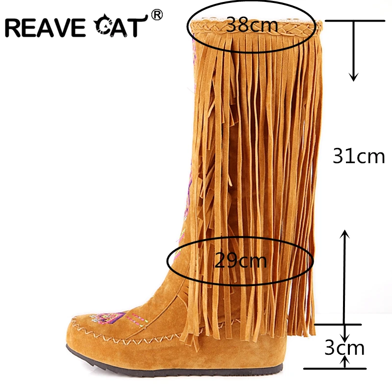 REAVE CAT Fashion Nation Flock Leather Women Fringe Flat Heels Long Boots Spring Autumn Tassel Knee High Boots