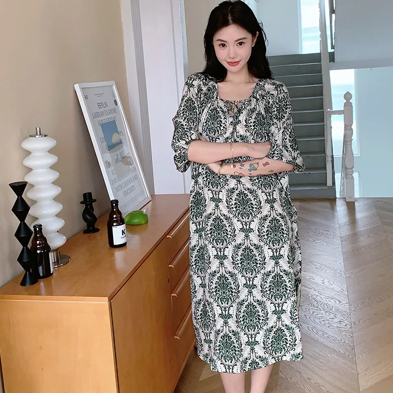 Sweet Round Neck Half Sleeve Skirt Pajama Colorful Printed Cotton Silk Nightdress in Summer Female Home Wear Women's Clothing
