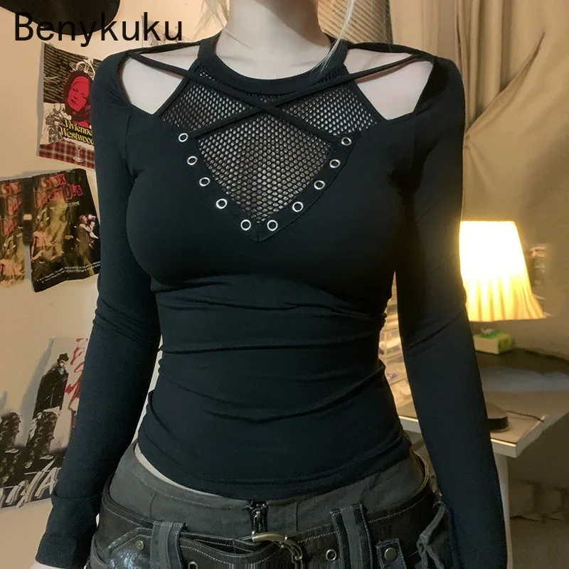 Solid Techwear Irregular Grid Hollow Out T-shirt Gothic Clothes Mall Goth See Through Slim Tops Women Y2K Streetwear T-shirts