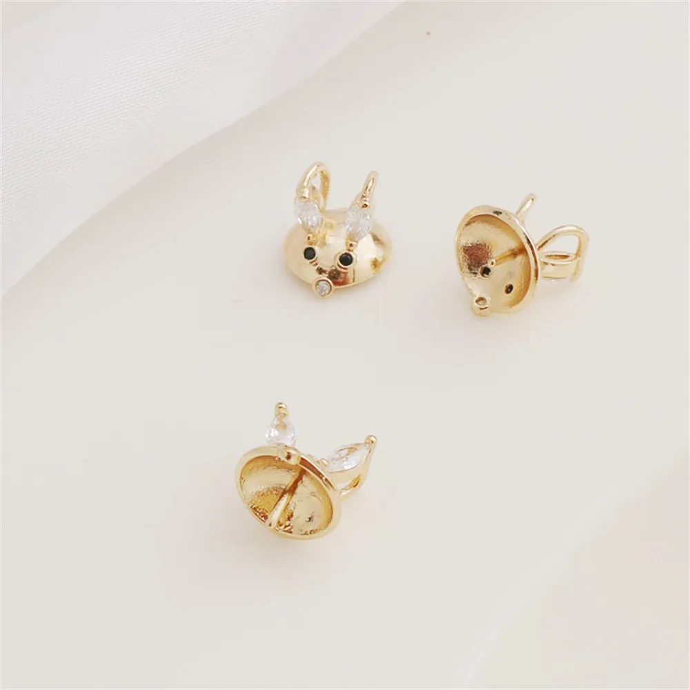 

14k Gold-inlaid Zircon Rabbit Ear Cat Half-hole Sticky Bead with Needle Rest 10mm Pearl Pendant Diy Jewelry Charm Accessories