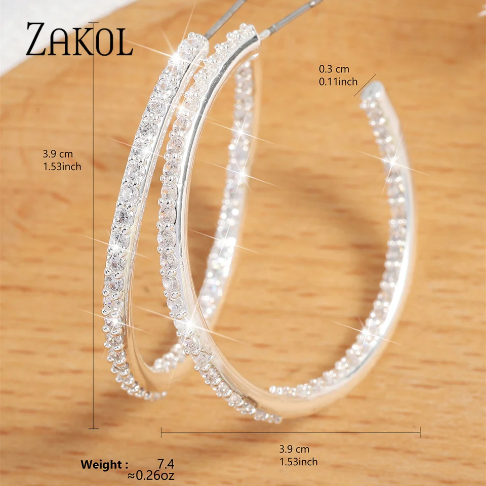 Korean Fashion micropave Zircon Hoop earrings for women exquisite silver color Large C shaped earring Wedding bridal jewelry