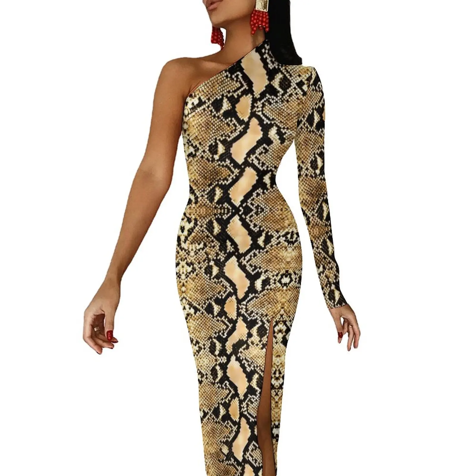 Gold Python Snakeskin Maxi Dress Long Sleeve Animal Print Vintage Bodycon Dress Spring Aesthetic Long Dresses Womens Clothing