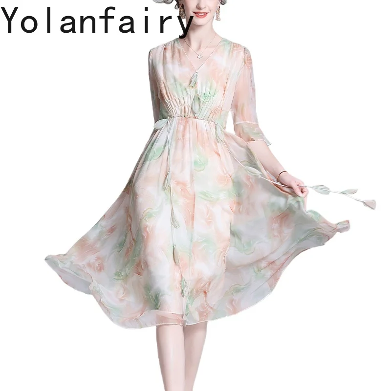 เดรสไหมมัลเบอร์รี่แท้ 100% ยี่ห้อ YOLANFAIRY รุ่นซัมเมอร์ 2025 ดีไซน์หรูหราหวานๆ เหมาะสำหรับวันพักผ่อน ชุดเดรสผู้หญิงแฟชั่นลายพิมพ์