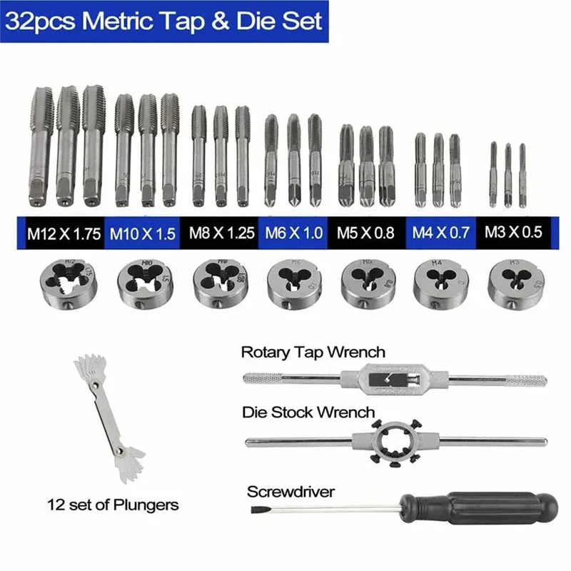 

ABLJ Metric Tap Die 32Pcs/Set M3 To M12 Thread Repair Tools Kit Taper Plug Wrench Nut Bolt Screw M3 M4 M5 M6 M8 M10 M12