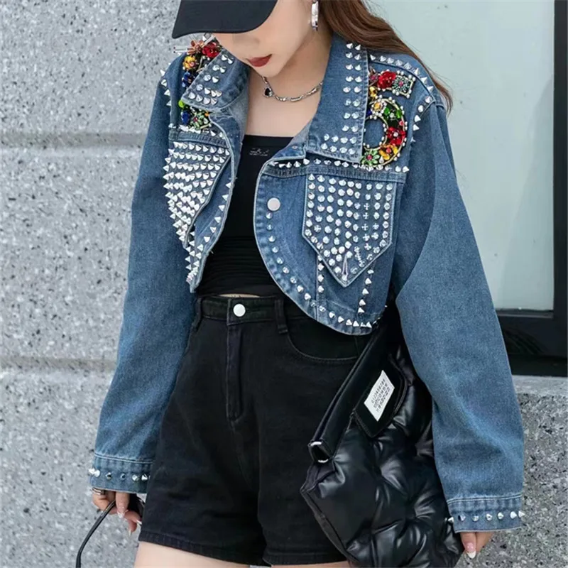 Blue Irregular Short Denim Jacket Heavy Work Rivet Diamond Women Spring Autumn Fashion Lapel Long Sleeve Jeans Jacket Streetwear