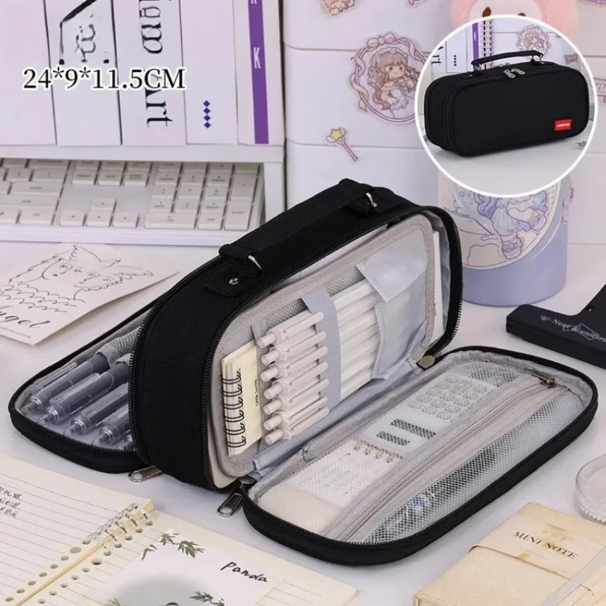 Double Zipper Pencil Case, Big Capacity Oxford Cloth Pen Bag with Calculator Compartment, Handheld School Supplies Storage