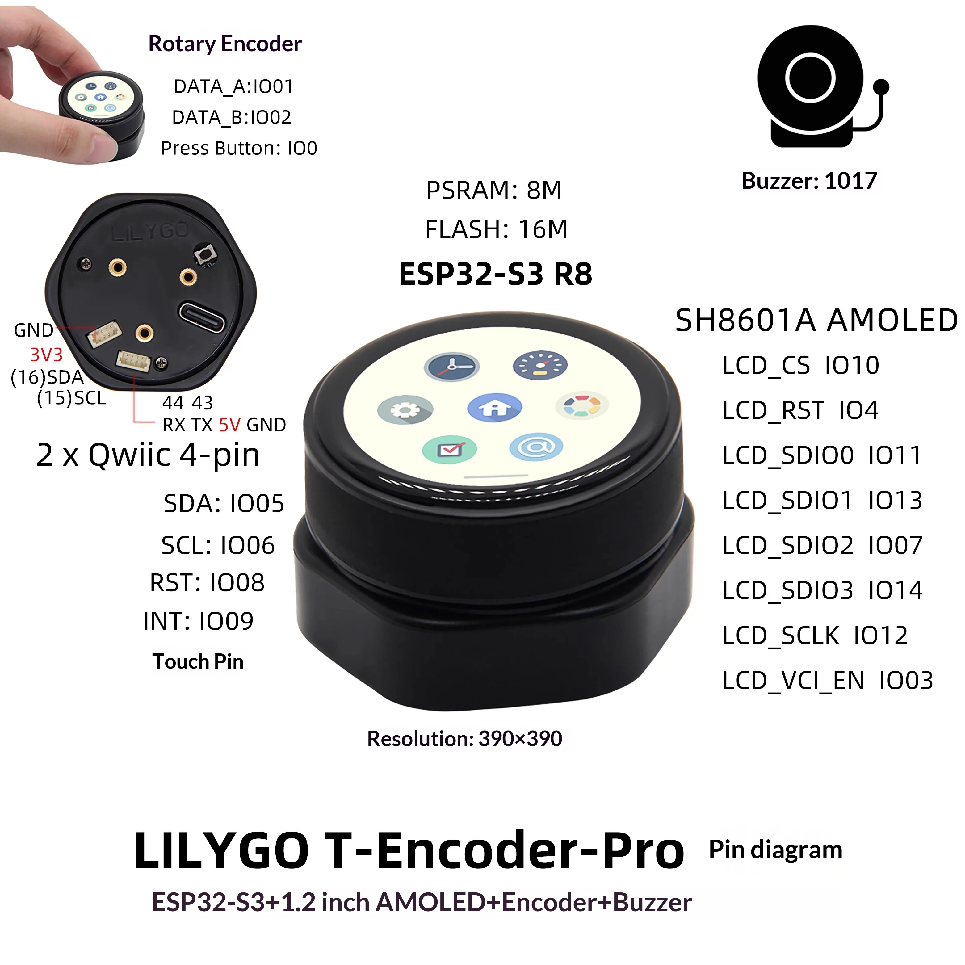 LILYGO® T-Encoder-Pro ESP32-S3 Rotary Encoder with 1.2 Inch Touch Display Development Board