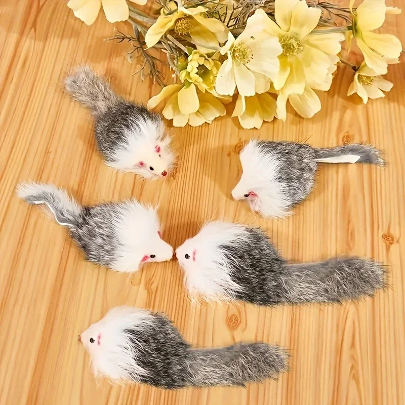 5 uds juguete para gatos ratón de piel de conejo juguete de plástico de dos tonos para gatos ratón pequeño de pelo largo