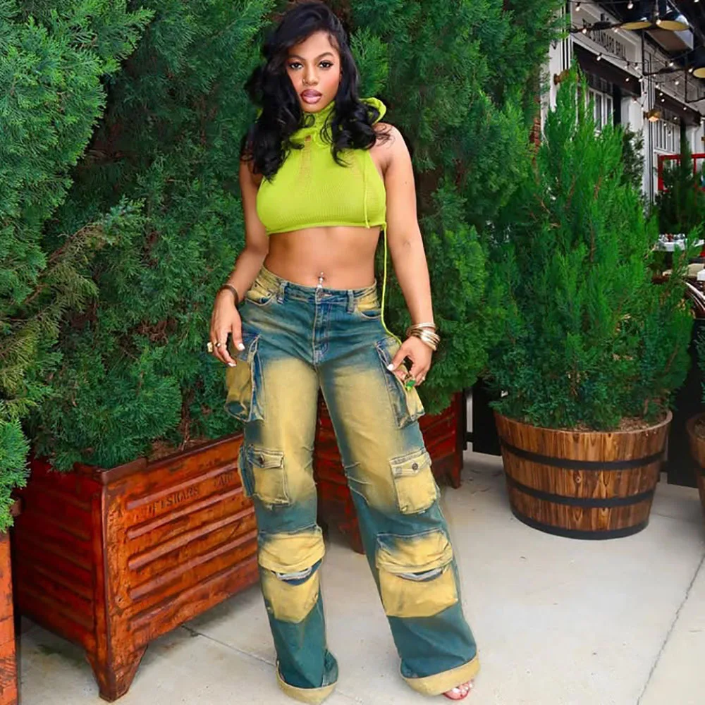 American Retro High Rise Multi-Pocket Tie Dye Cargo Pants Spring New Arrivals Women's Loose Slimming Straight Leg Denim Jeans