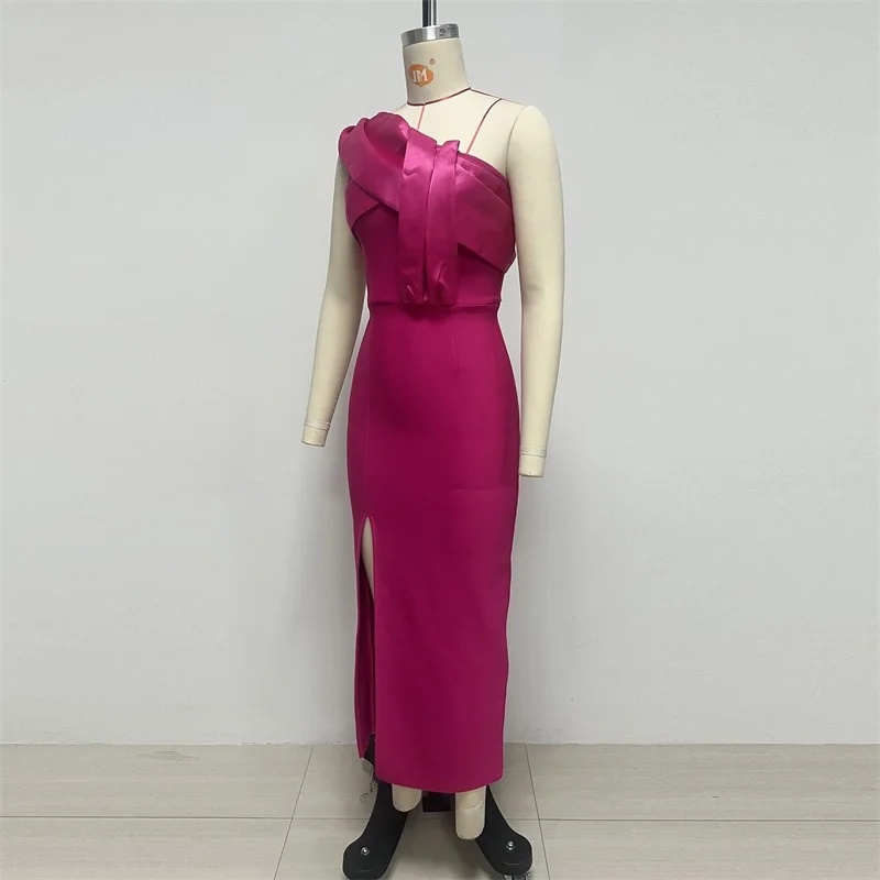 Hot Pink Satin Prom Dress Sexy One Shoulder Sleeveless Long Sheath Party Gown Formal Wedding Guest Birthday Evening Robe - view 5