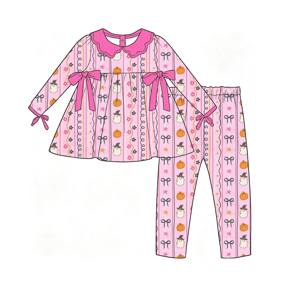 Boutique Girls' Sets Peter Pan Collar Long-Sleeved Dress Paired with Trousers Bow Decoration Halloween Pumpkin Bat Ghost Print