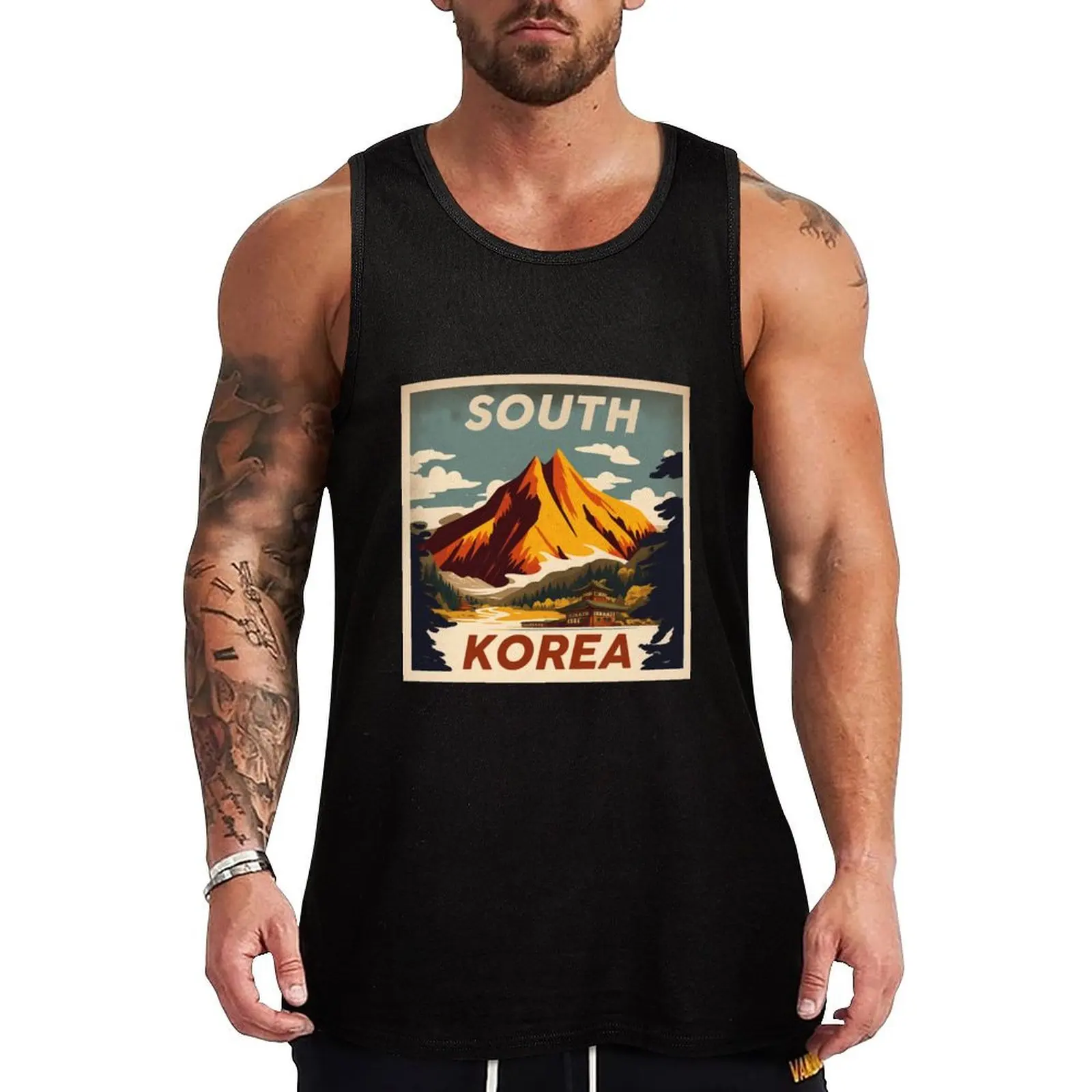 

South Korea Mountain Vintage Travel Art Poster Tank Top mens gym clothes Men's t-shirts sports clothes for men men clothes