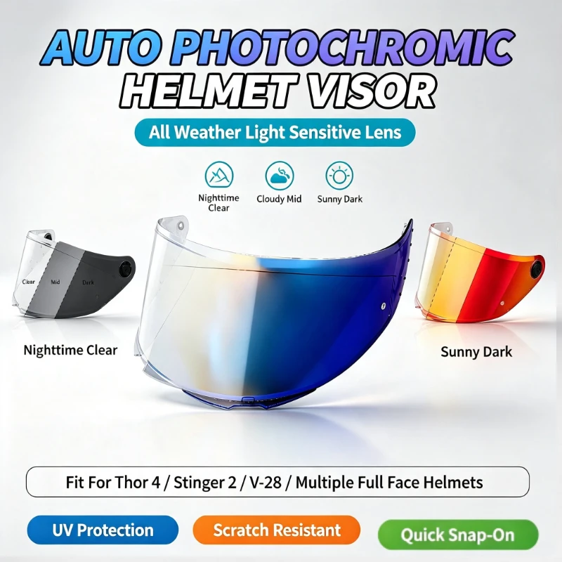 All Weather Auto Photochromic Helmet Visor Replacement Lens For Thor 4 Stinger 2 V-28 Full Face Motorcycle Helmet